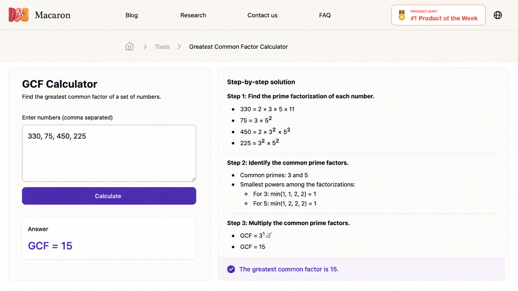 Screenshot of GCF calculator results with step-by-step work