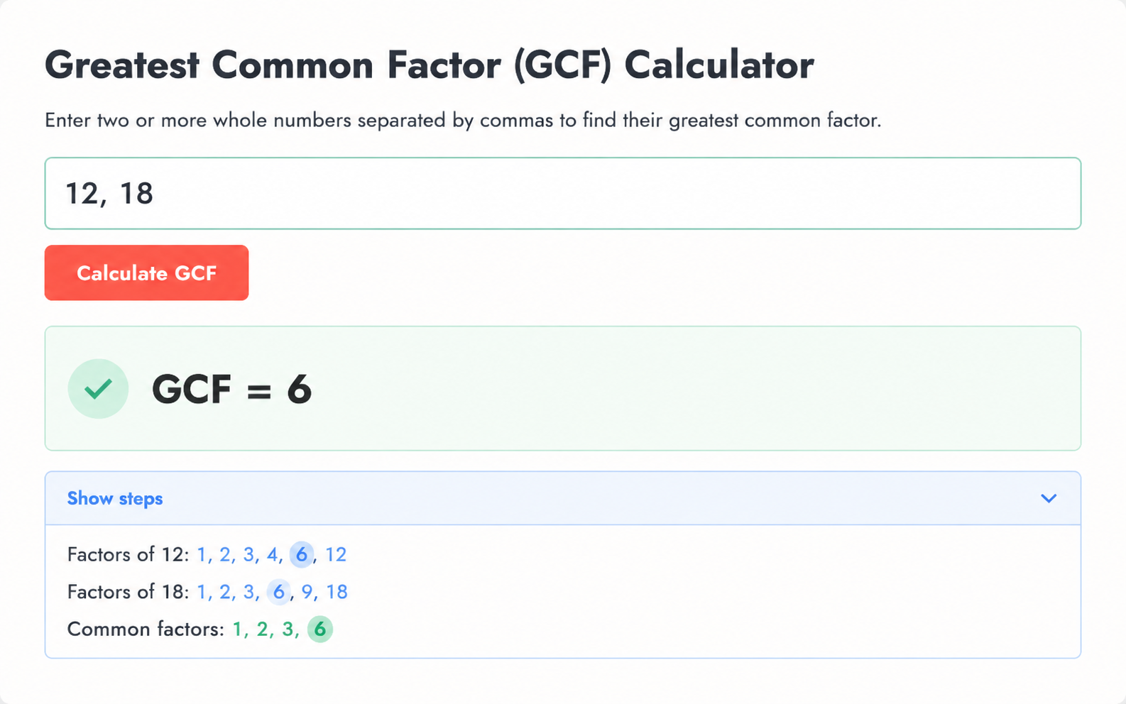 Illustration of using the GCF calculator to find the greatest common factor